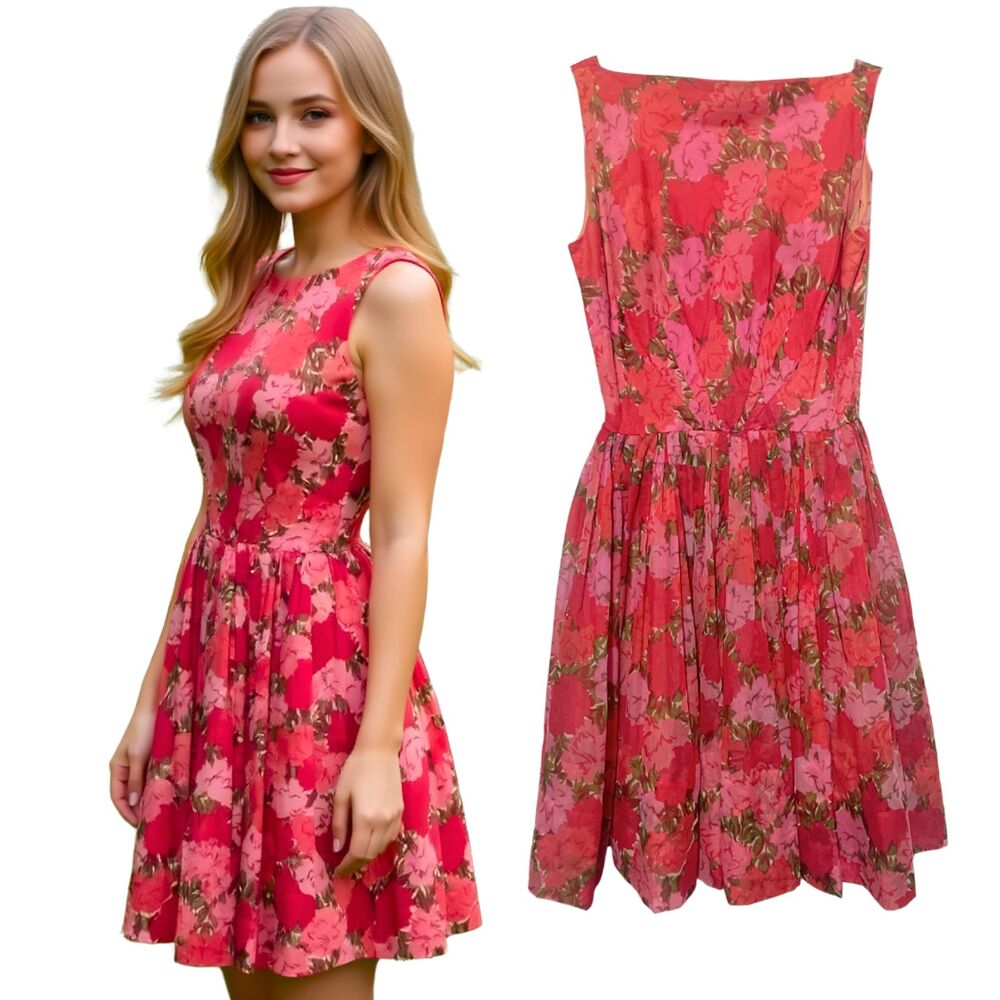 Vintage 1950s Sleeveless Red Pink Floral Swing Dress - Picture 1 of 15